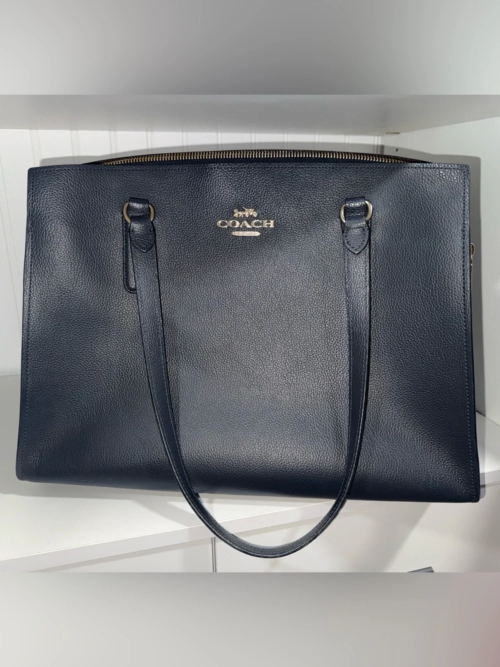 Coach Navy Pebbled Leather Tote with Gold Hardware
